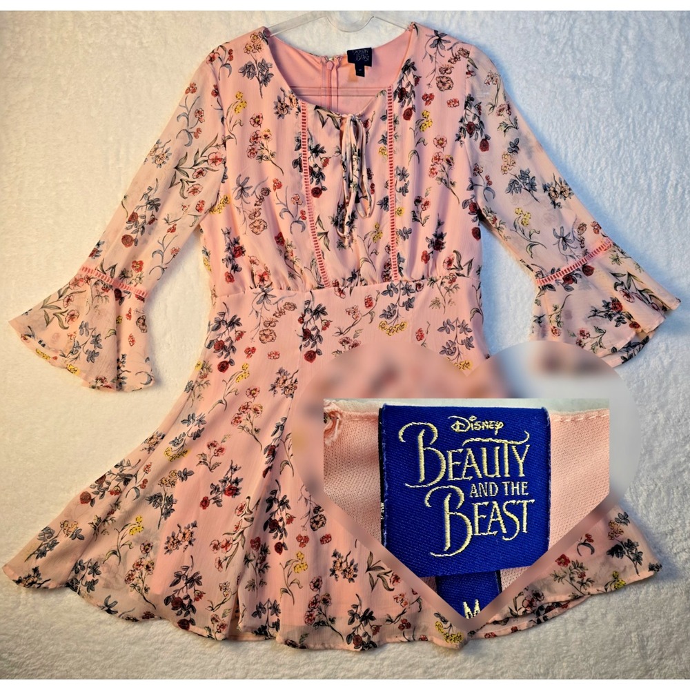 Disney Beauty Beast Fairy Floral Womens Medium Midi Dress Fit Flare Fairy Bell